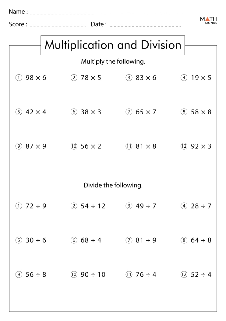 Multiplication and Division Worksheets with Answer Key