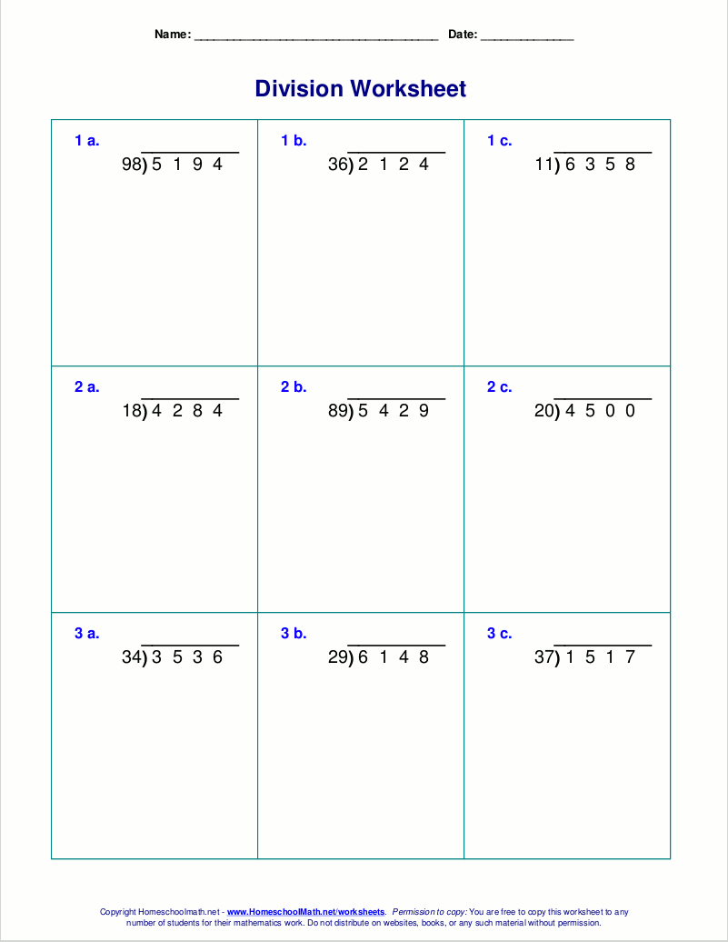 Long division worksheets for grades 4-6