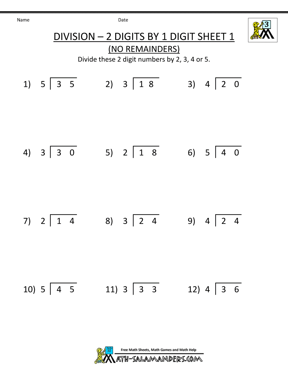 long division worksheet no remainders