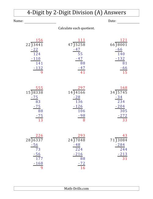 long division worksheet with answer key