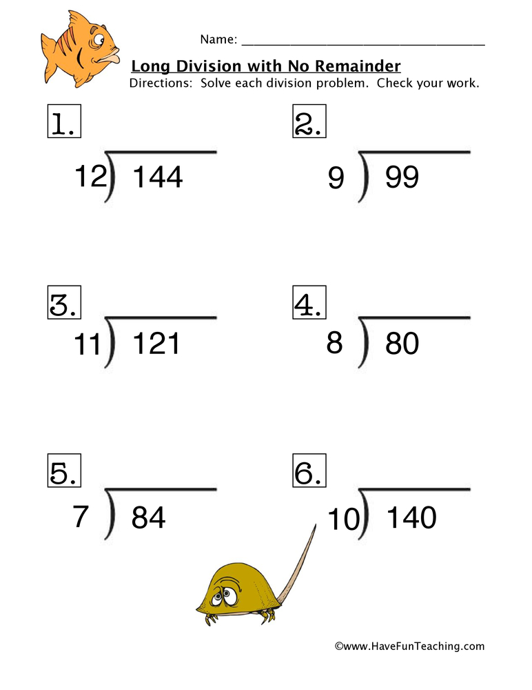 Long Division Problems No Remainder Worksheet  