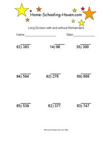 long division worksheet without remainders