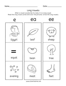 Long vowel sounds worksheets for preschool and kindergarten kids
