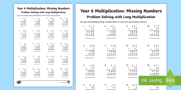 Year 6 Long Multiplication Missing Numbers Activity - Twinkl