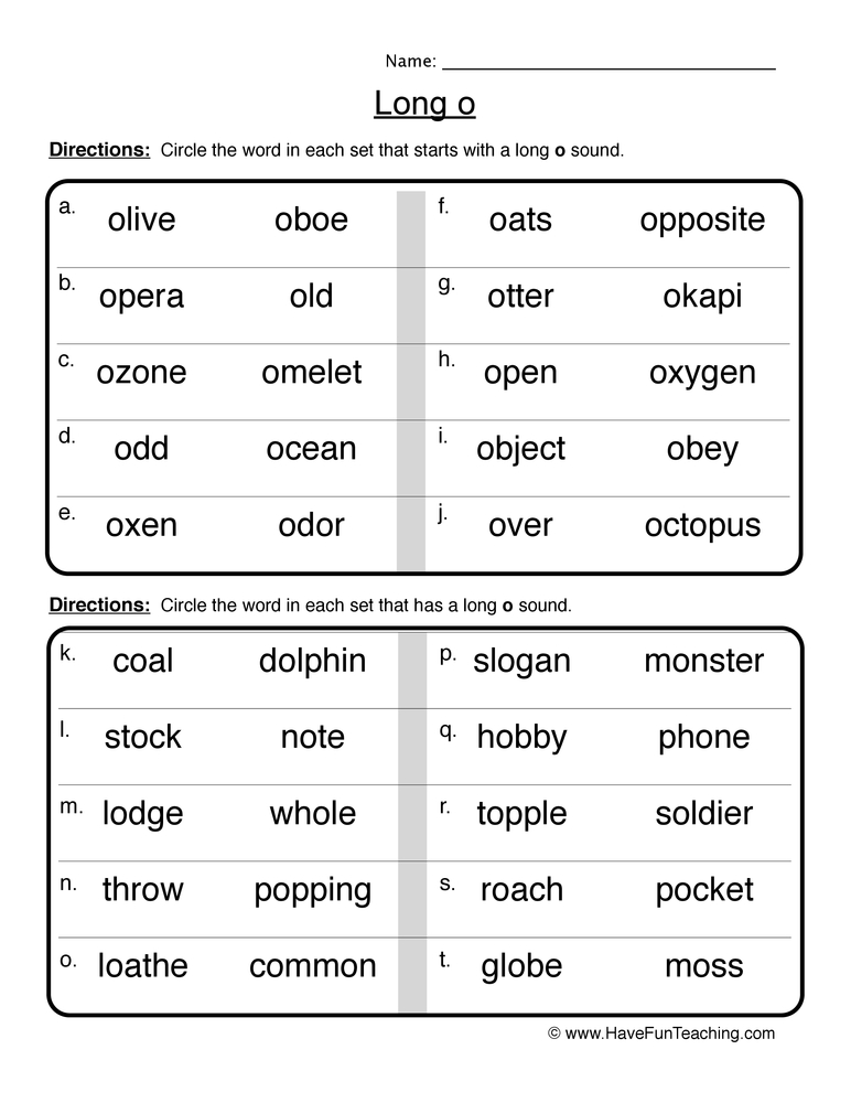 long o worksheet first grade