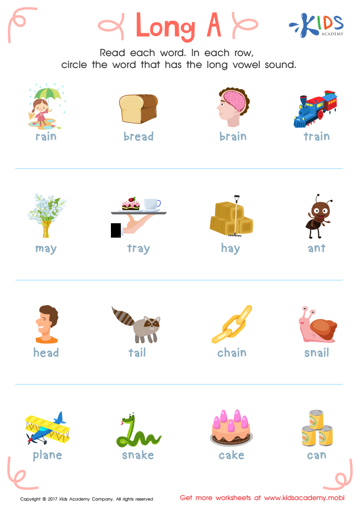Long Vowel A Worksheet: Free Printable for Kids