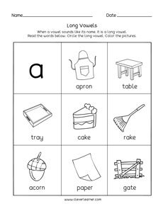Long vowel sounds worksheets for preschool and kindergarten kids