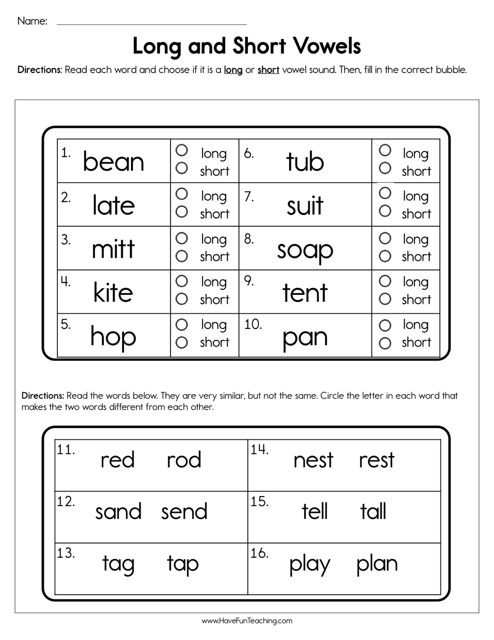 long vowel and short vowel worksheet