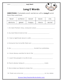 Long and Short E Vowel Sounds Worksheets