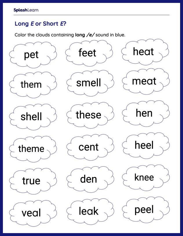 Long Vowel E Sound Worksheets for Kids Online