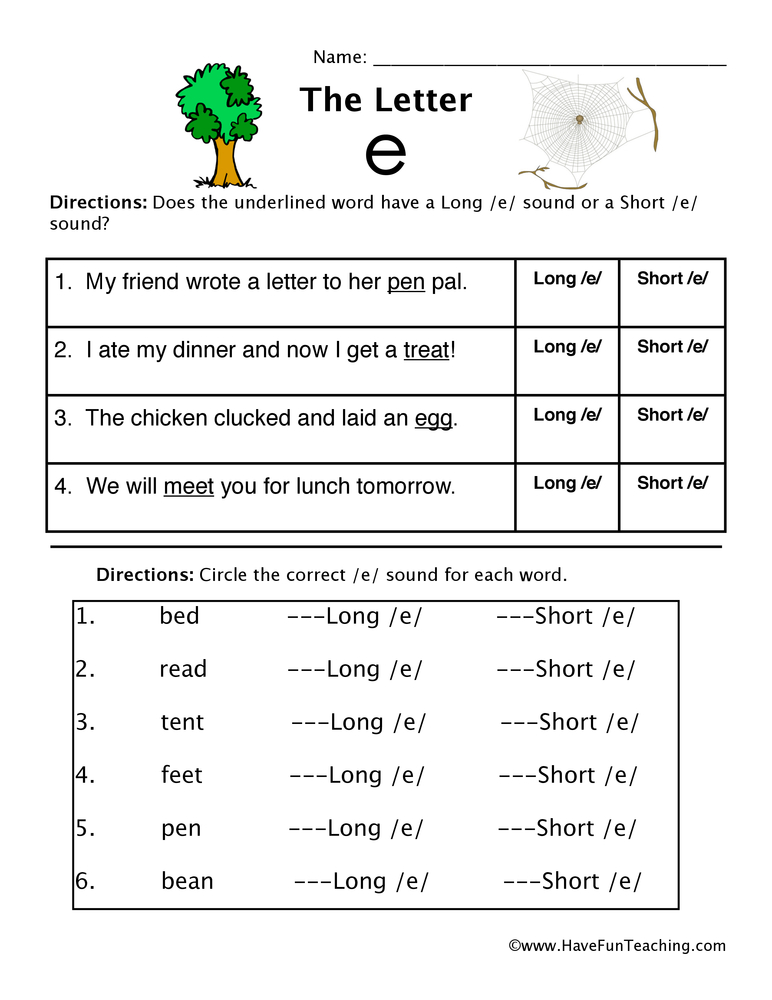 Short and Long Vowel E Worksheet  