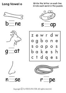 Long Vowel O Worksheet for Kindergarten - 1st Grade | Lesson Planet