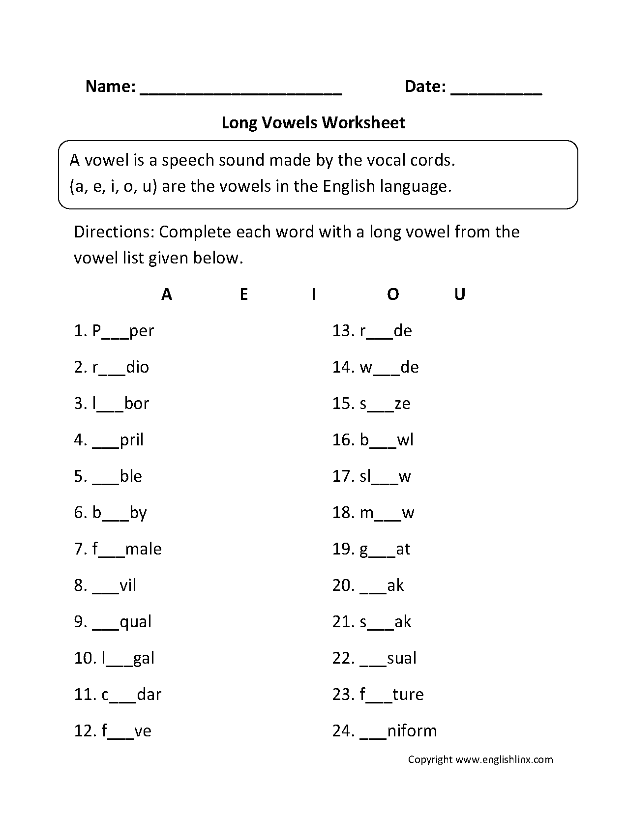long vowel worksheet free