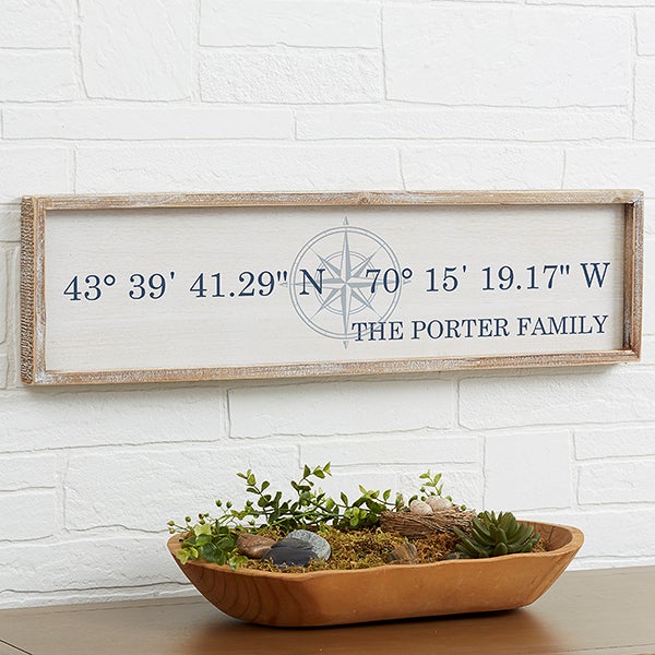 Latitude &  Longitude Personalized Whitewashed Wood Wall Art - 30x8