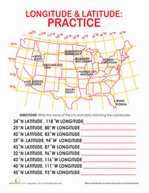longitude and latitude map worksheet