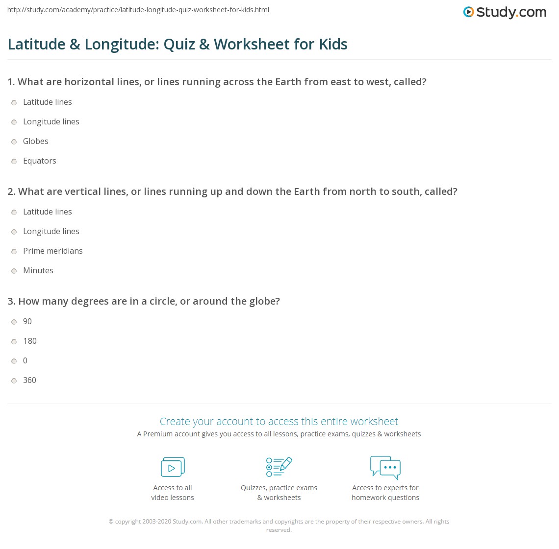 Latitude &  Longitude: Quiz &  Worksheet for Kids | Study.com