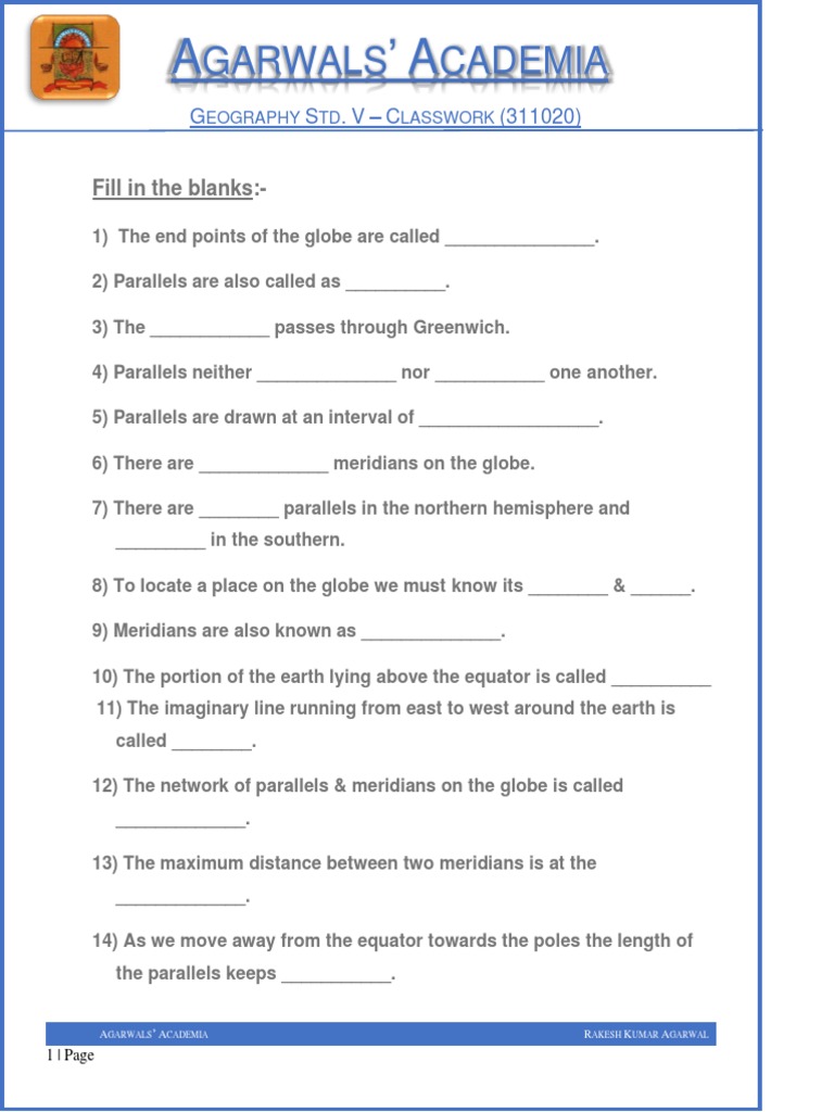 Class 5 Geography Latitude and Longitude Classwork 311020 ...