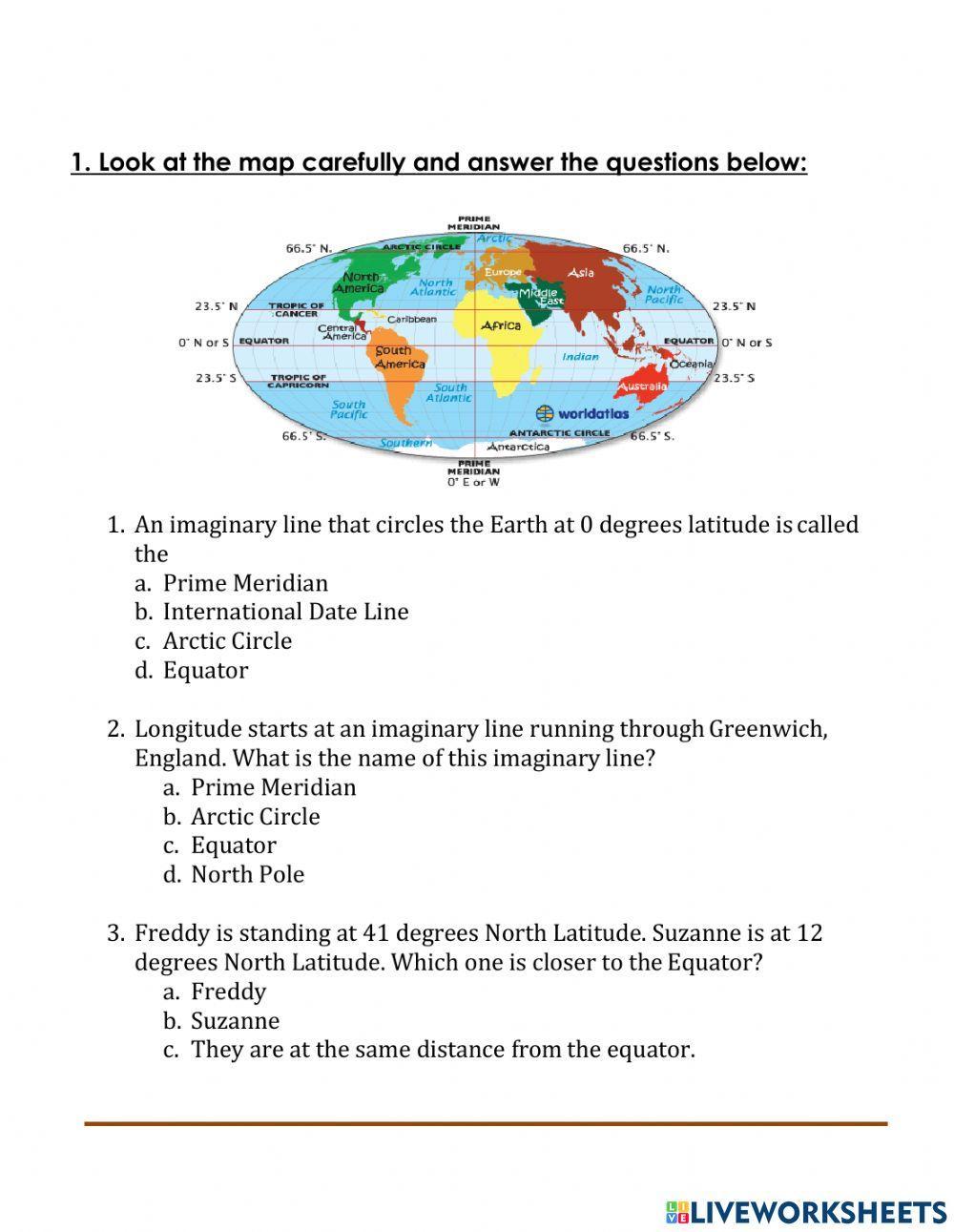 Lines of longitude and latitude worksheet  