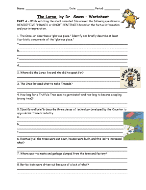 The Lorax By Dr Seuss Worksheet Answers 2020-2024 - Fill and Sign ...
