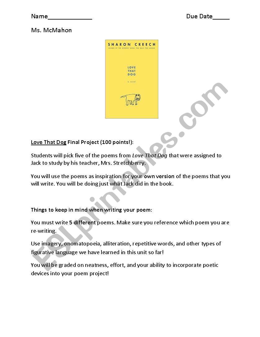 love that dog worksheet