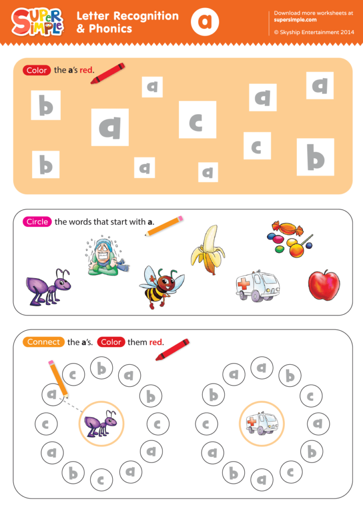 Letter Recognition &  Phonics Worksheet - a (lowercase) - Super Simple