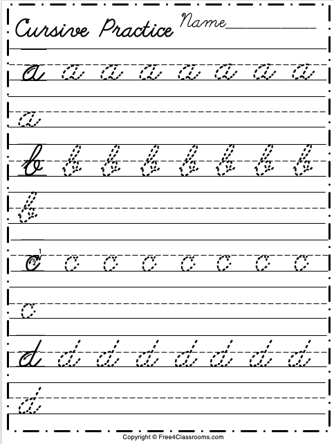 Free Lowercase Cursive Worksheet - Letters a to d - Free ...