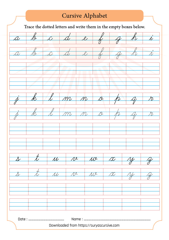 Free A-Z Lowercase Cursive Handwriting Worksheets - SuryasCursive.com