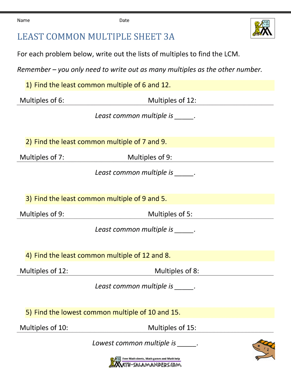 lowest common denominator worksheet 5th grade