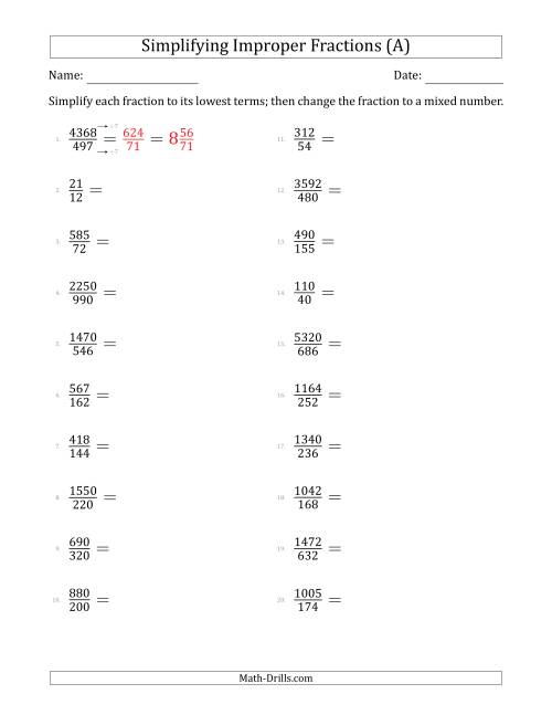 Simplifying Improper Fractions to Lowest Terms (Harder Questions) (A)