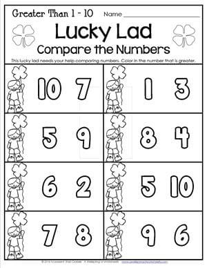 St Patricks Day - Greater Than 1-10 - Lucky Lad Compare the Numbers