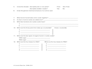 Macromolecule Worksheet Worksheet for 9th - 12th Grade | Lesson Planet