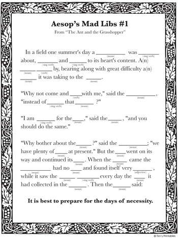Aesops Fables Mad Libs - Tims Printables