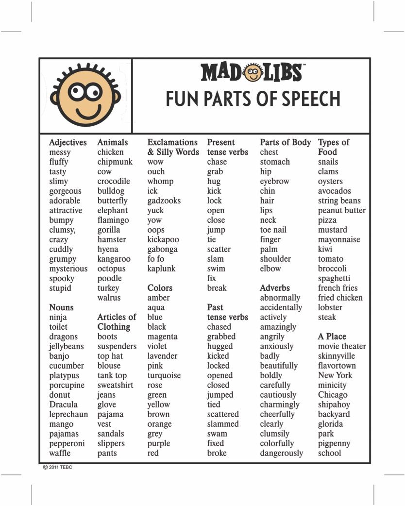 mad libs adjectives printable