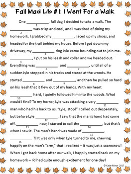 Fall Themed Mad Libs - Nouns, Verbs, and Adjectives by Katie Minor