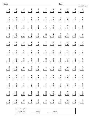 Minute Math Subtraction | FreeEducationalResources.com