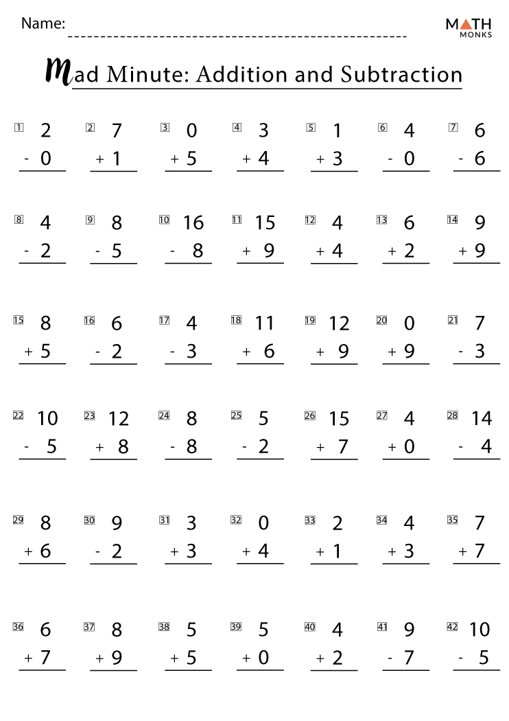 Addition and Subtraction Worksheets with Answer Key