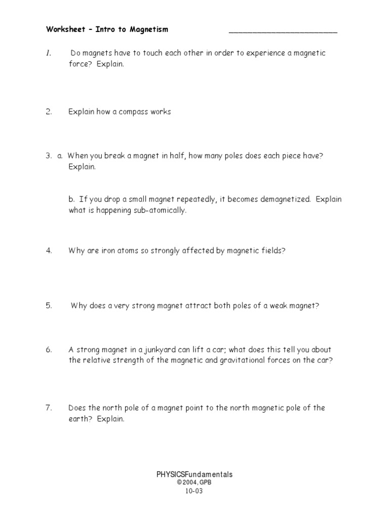 magnetism review worksheet answers