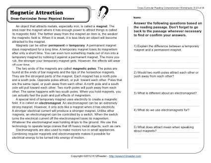 Magnetic Attraction | 4th Grade Reading Comprehension Worksheet
