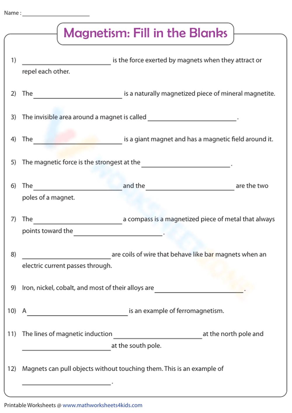 Magnetism | Fill In The Blanks Worksheet
