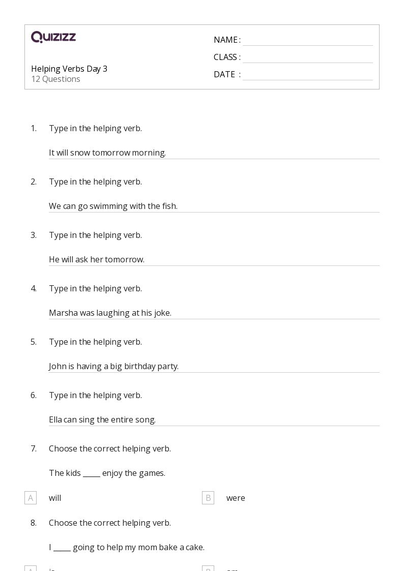 main and helping verbs worksheet