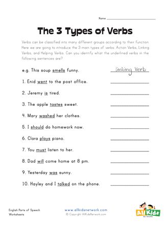 The 3 Types of Verbs Worksheet