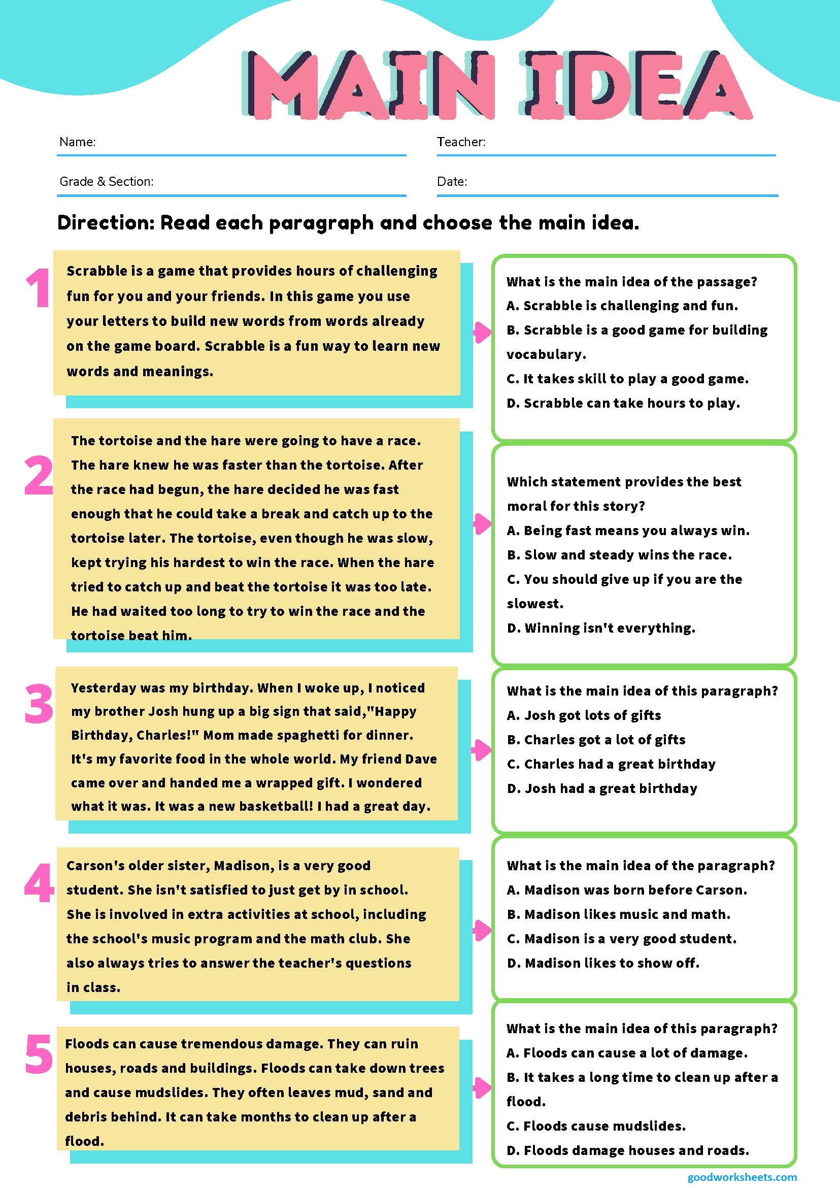 Free Printable Main Idea Worksheets - Printable Template Calendar