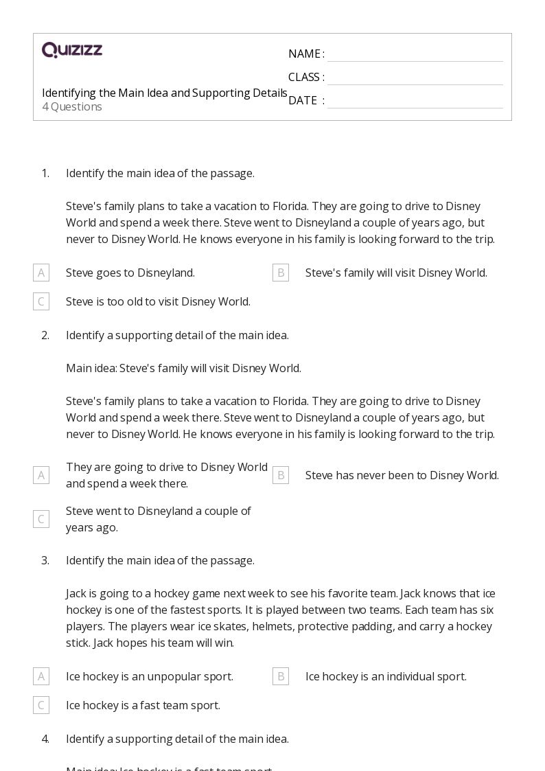 main idea and supporting details worksheet