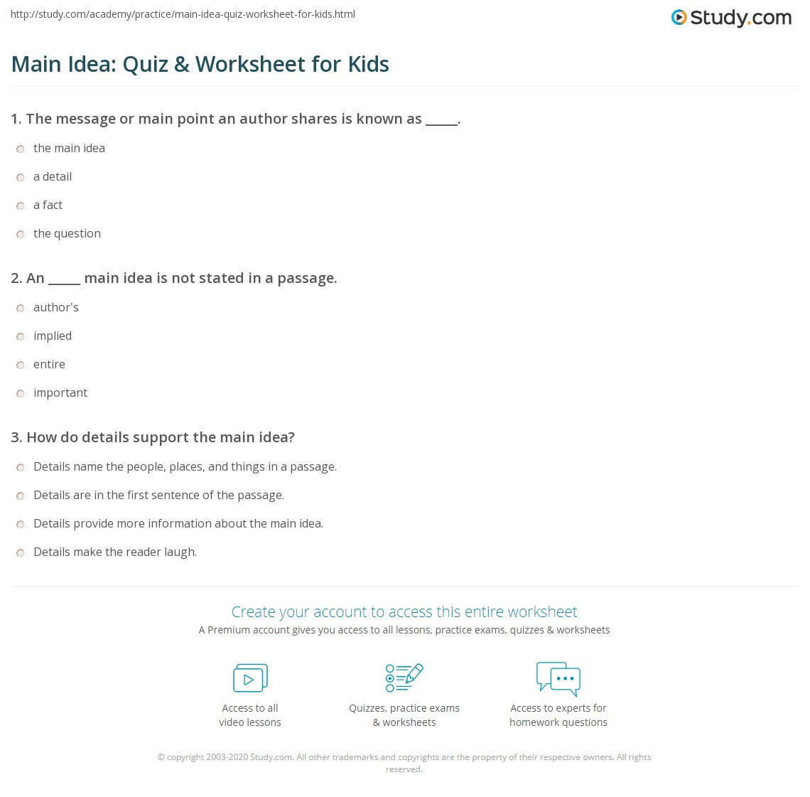 Main Idea: Quiz &  Worksheet for Kids | Study.com