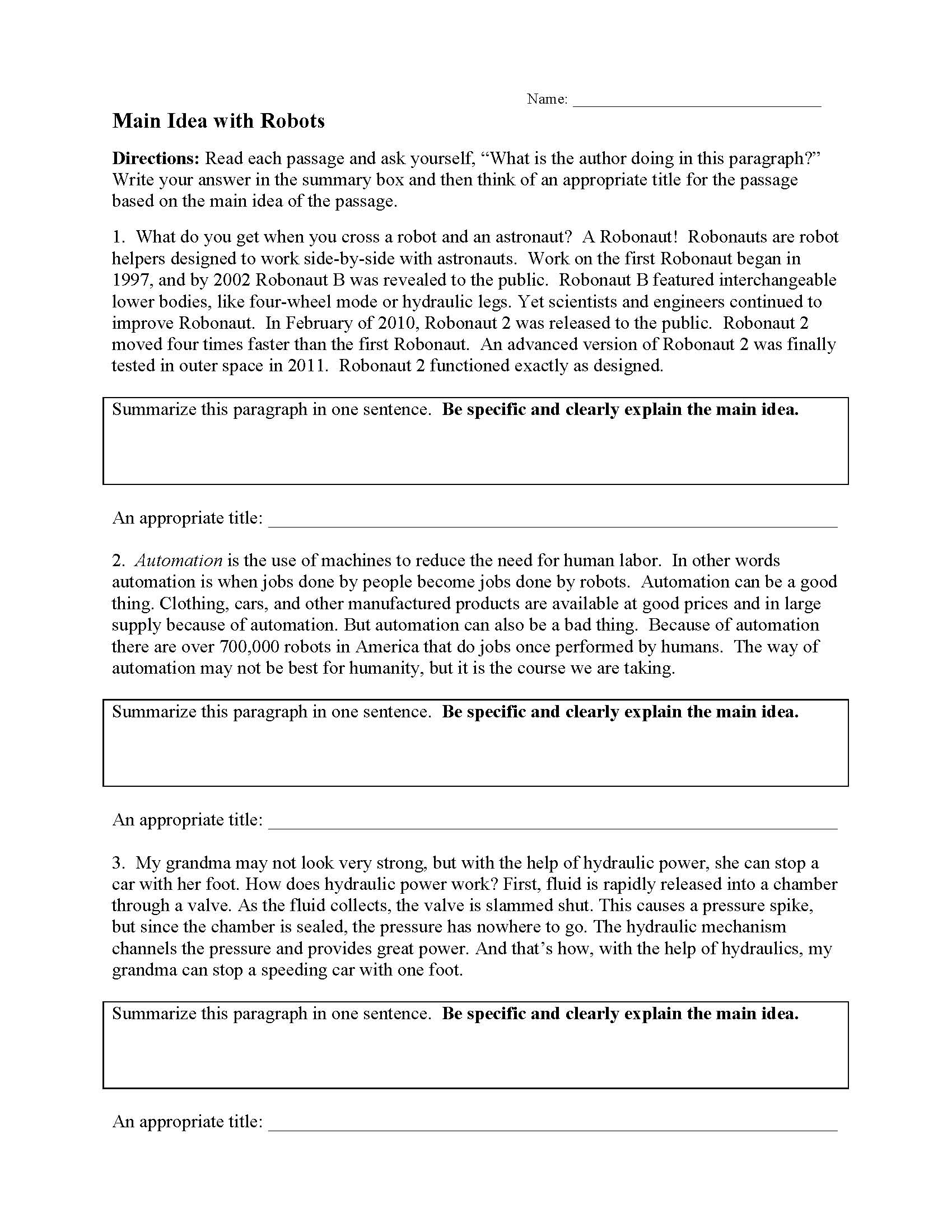 Main Idea Worksheets: Free Main Idea &  Details Templates