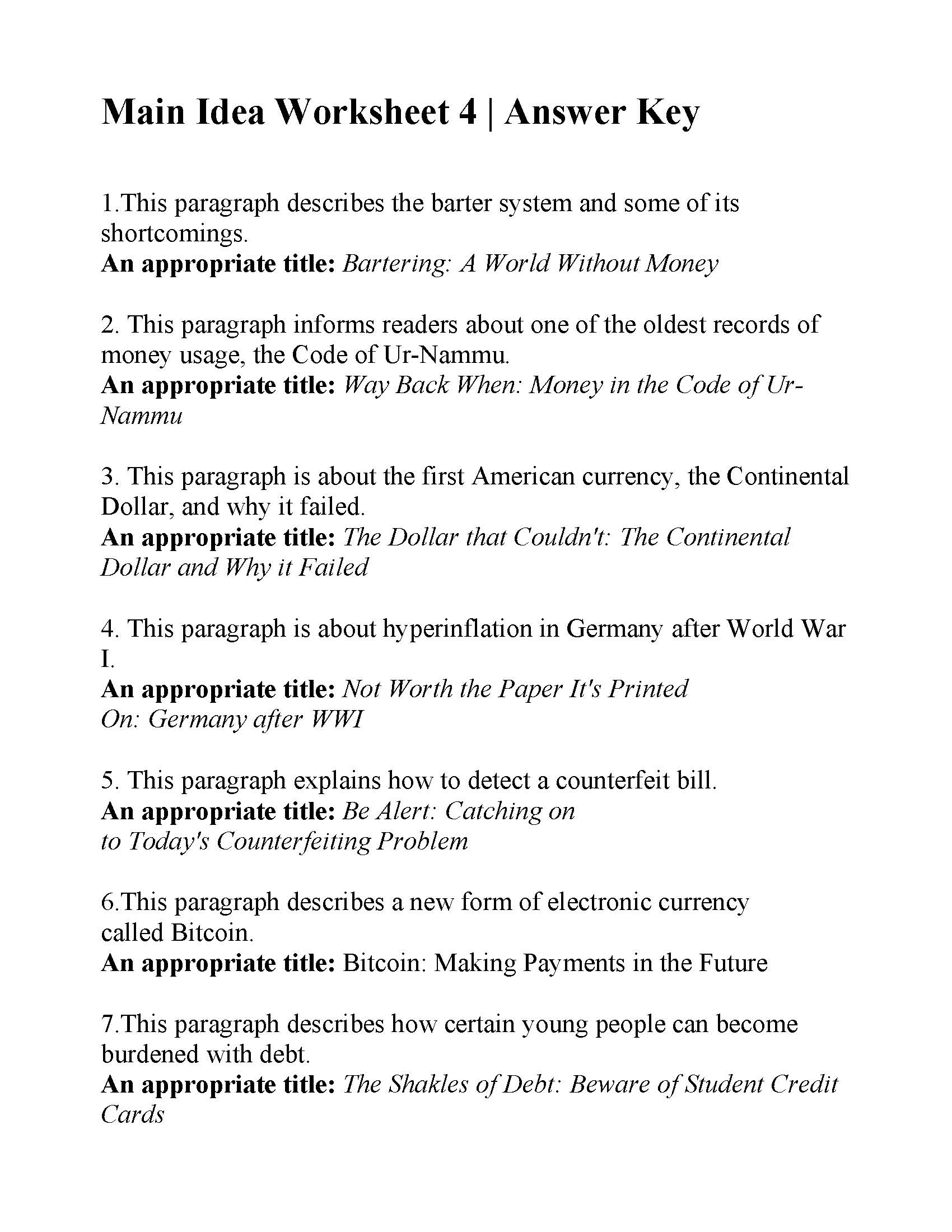 Main Idea Worksheet 4 | Reading Activity