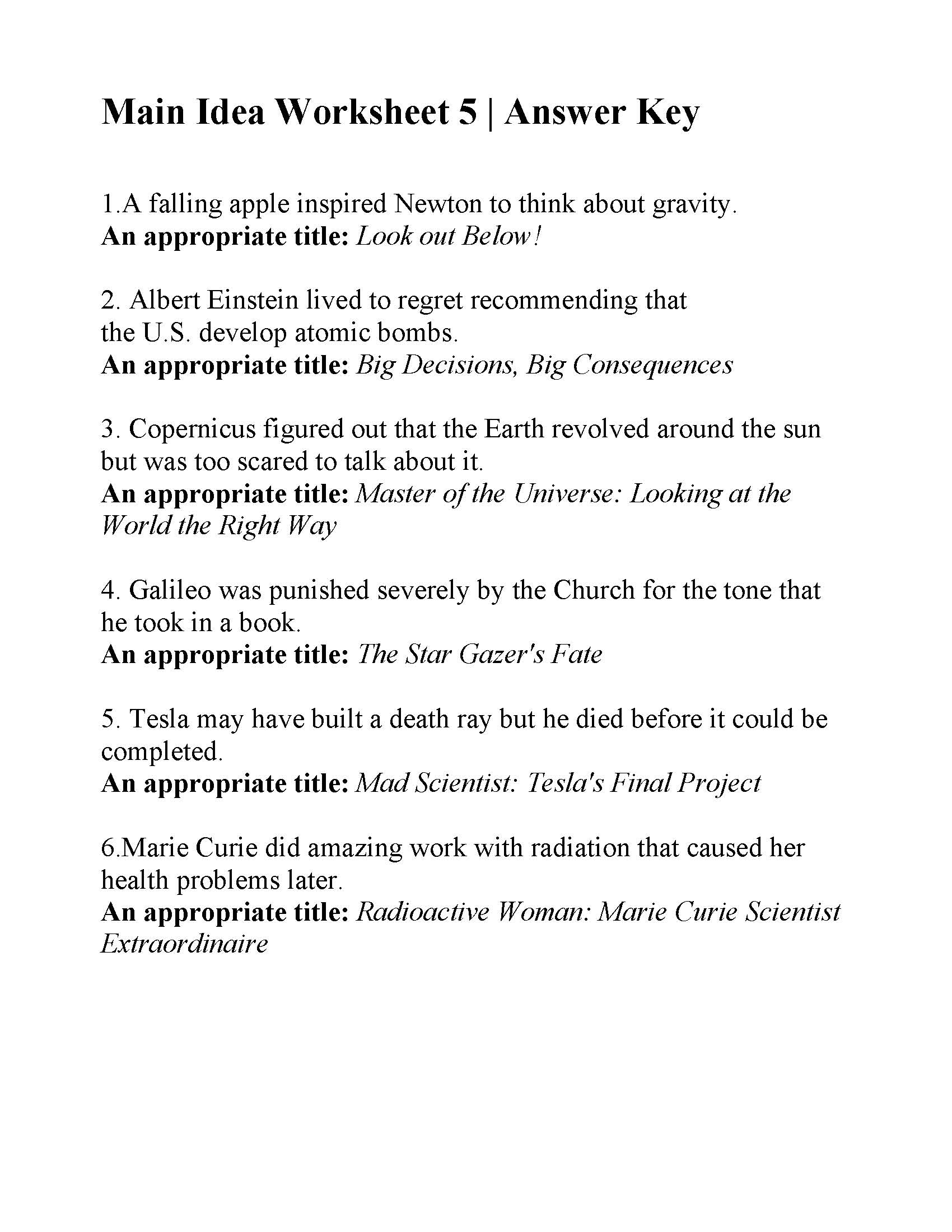 Main Idea Worksheet 5 | Reading Activity - Worksheets Library