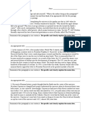 Main Idea Worksheet 5 | PDF | Heliocentrism | Galileo Galilei