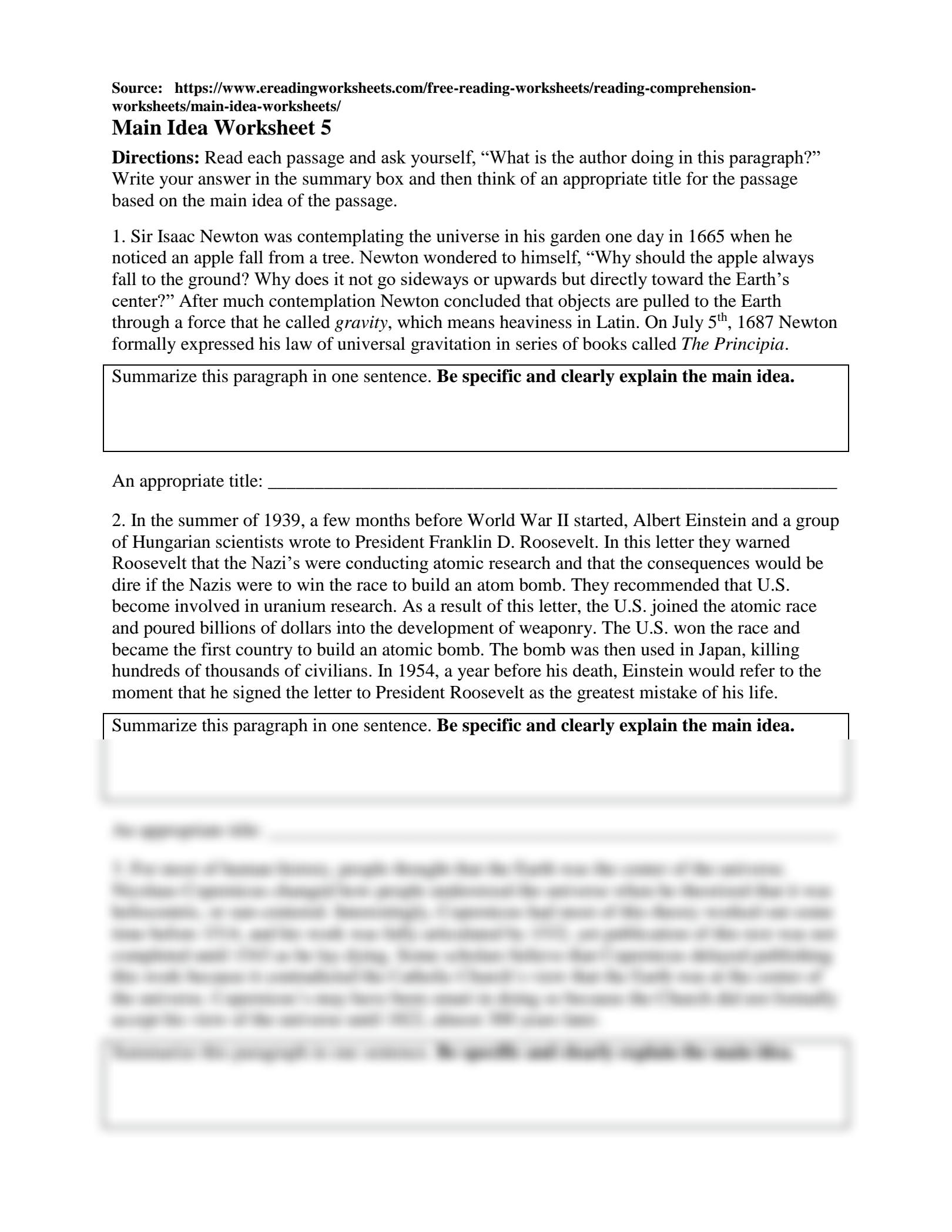 Main Idea Worksheet 5 | PDF | Heliocentrism | Galileo Galilei