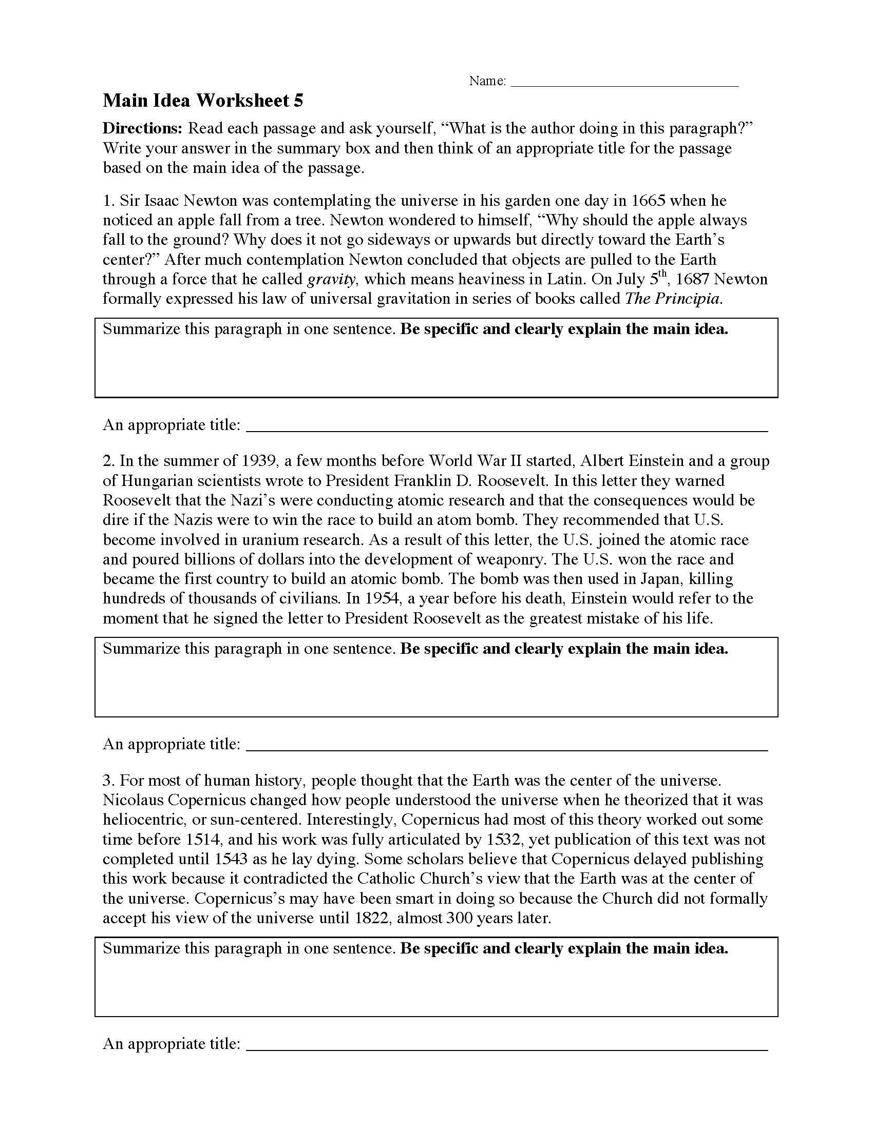 main idea worksheet for 4th grade
